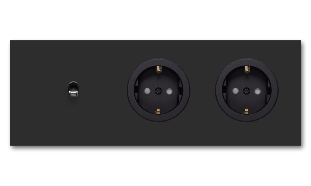 Toggle switch metal matte white 1 gang + 2 sockets horizontal 2 way. Square Series