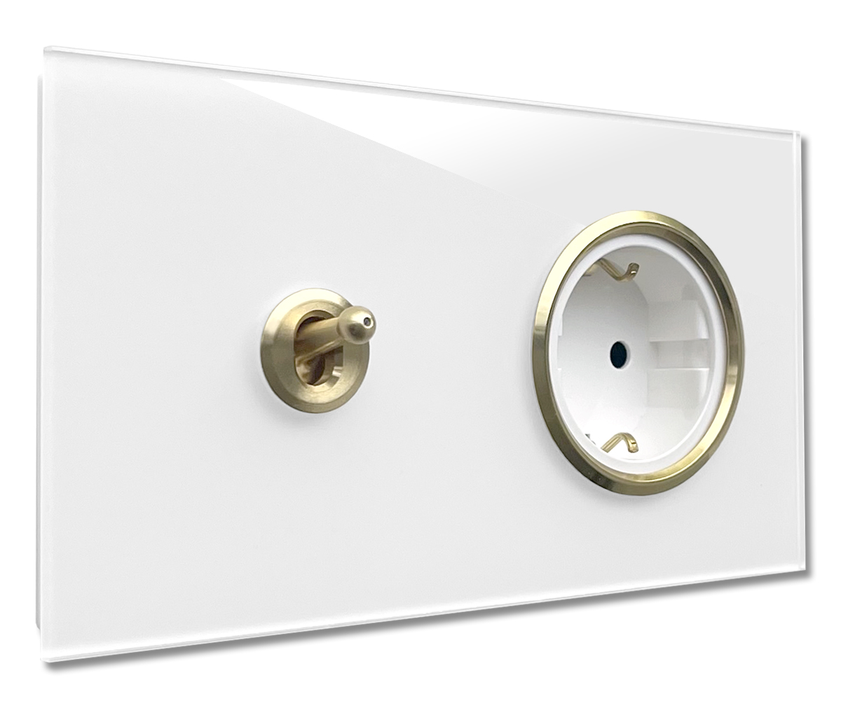 1 toggle light switch with 1 horizontal socket Glass Effect White-Gold CAMBRIDGE
