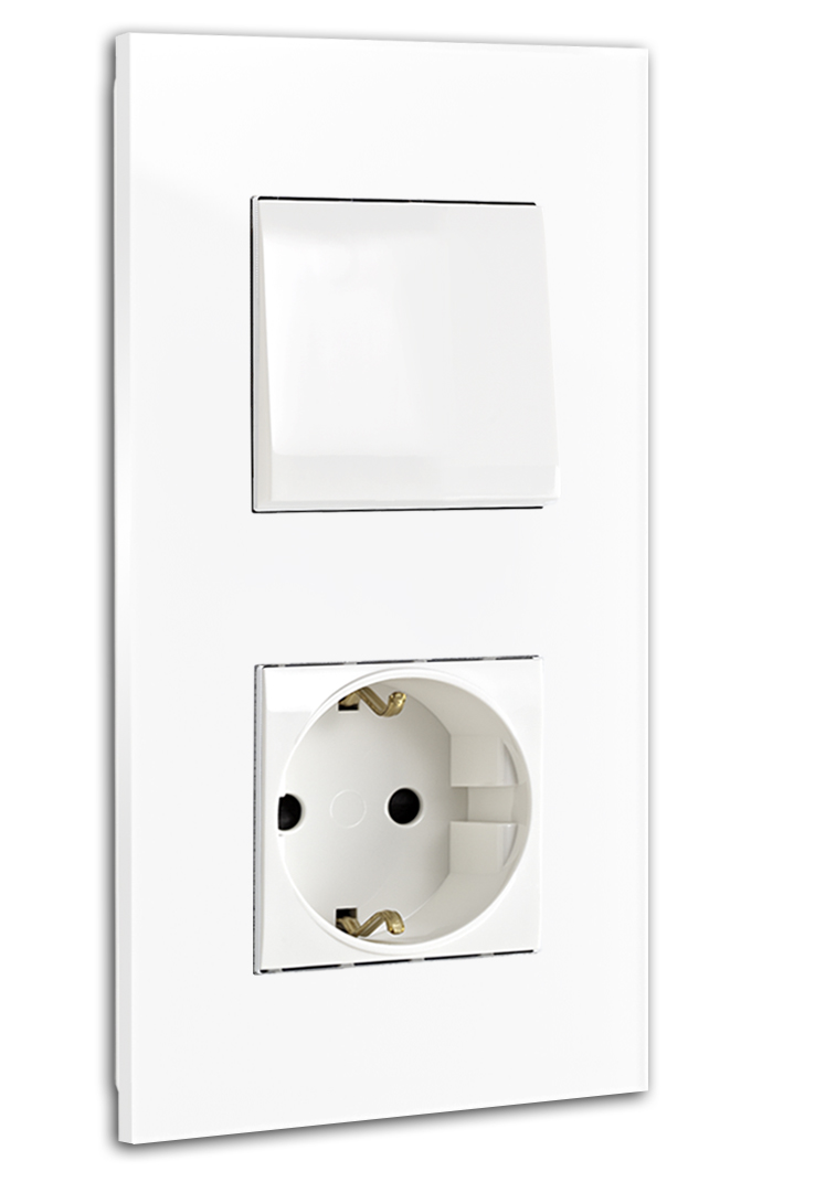 Combination 1 switch + 1 socket outlet. Glass look, white. For 2 wall sockets. MAXIM