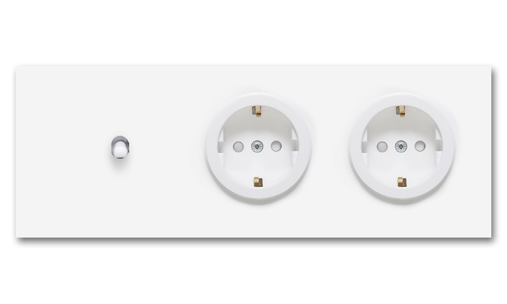 Toggle switch metal matte white 1 gang + 2 sockets horizontal 2 way. Square Series