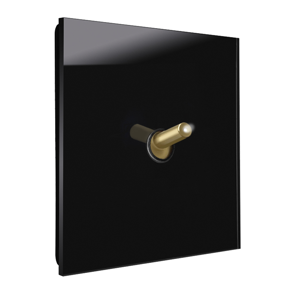Interruttore design illuminato moderno effetto vetro nero  con 1 leva basculante ottone. YORK