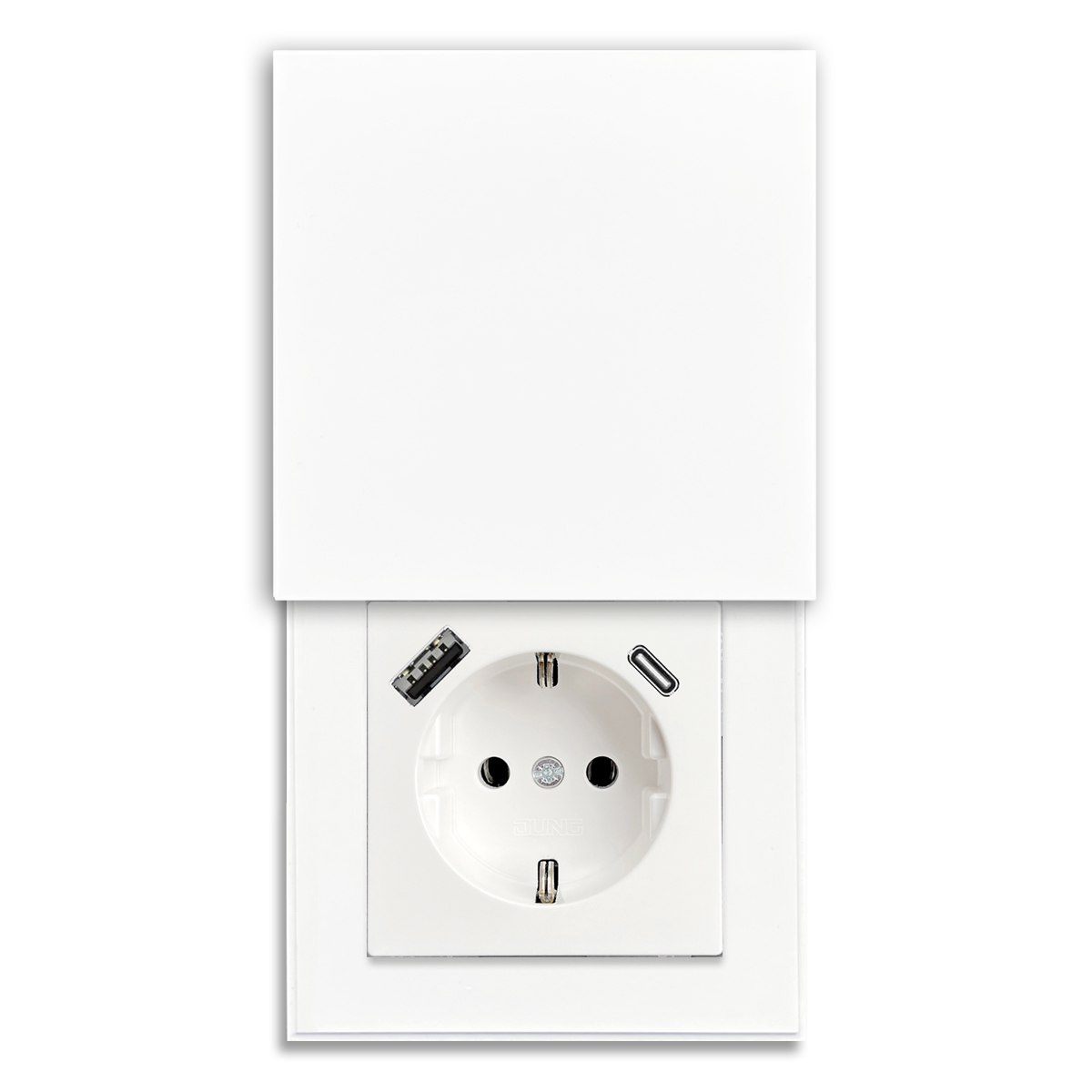 Design Socket outlet with USB A+C and cover 1-fold, alpine white. Kitchen socket outlet.