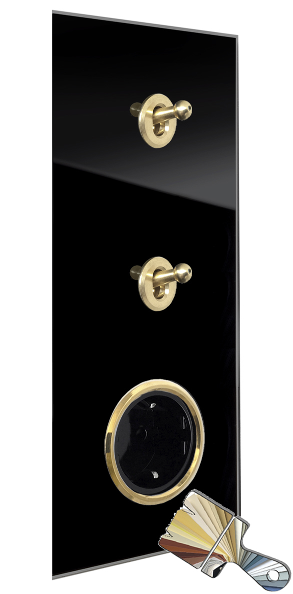 2 retro switches, 1 black socket. Farrow Ball. Gold