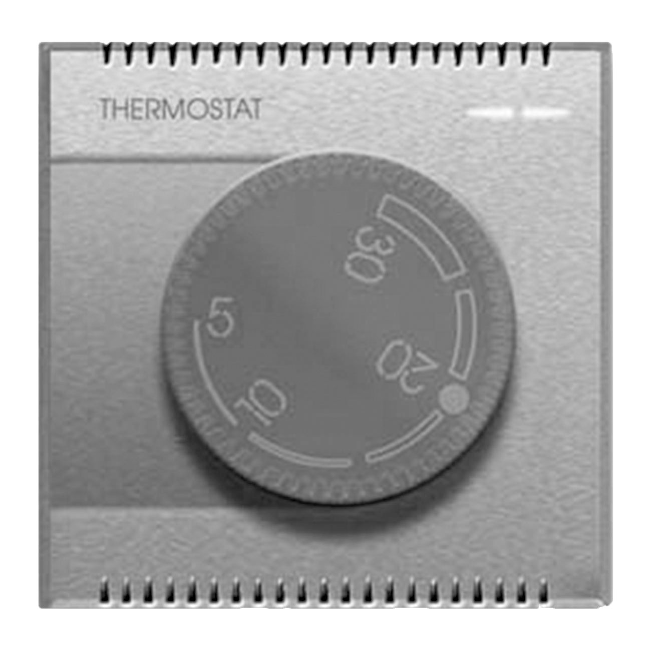 Drejeknap THERMOSTAT. Skinnende sølvfarve.