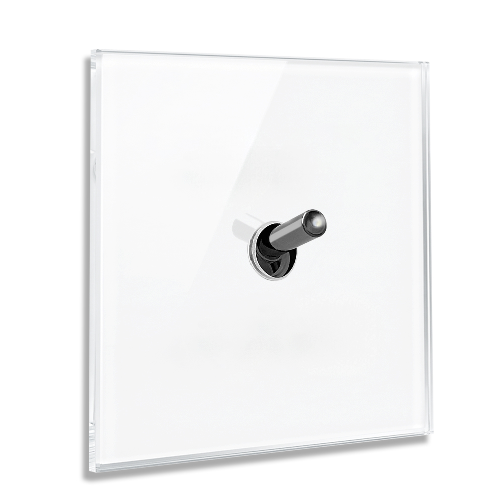 Modern illuminated design light switch in white glass optic with 1 chrome toggle lever. YORK