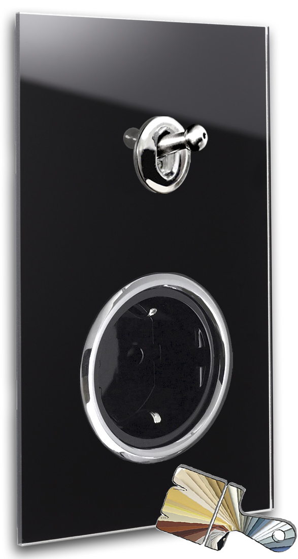 1 chrome toggle switch, 1 black socket. Farrow Ball. Glass look. 