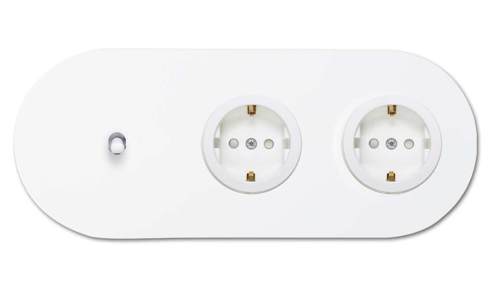 Toggle switch metal matte white 1 gang + 2 sockets horizontal 2 way. Round Series