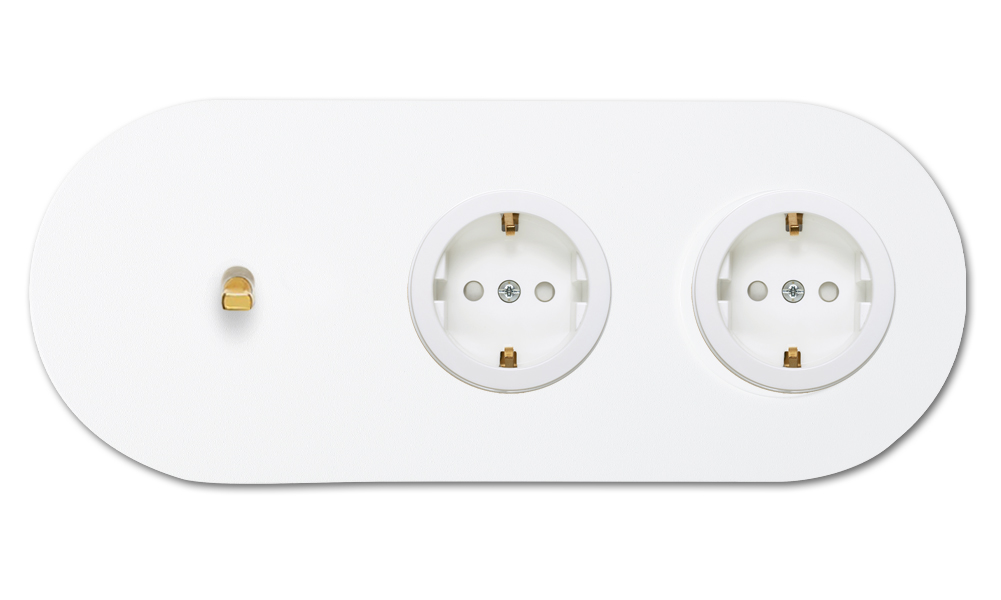 Toggle switch metal matte white 1 gang + 2 Sockets 2 way horizontal. Round Series