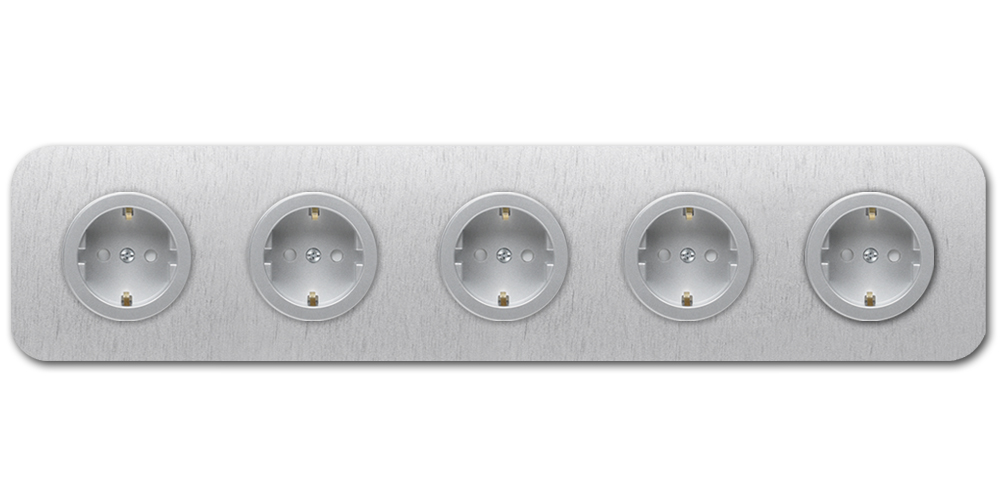 Rounded Socket in Silver Aluminium, 5-Gang. Cube Series