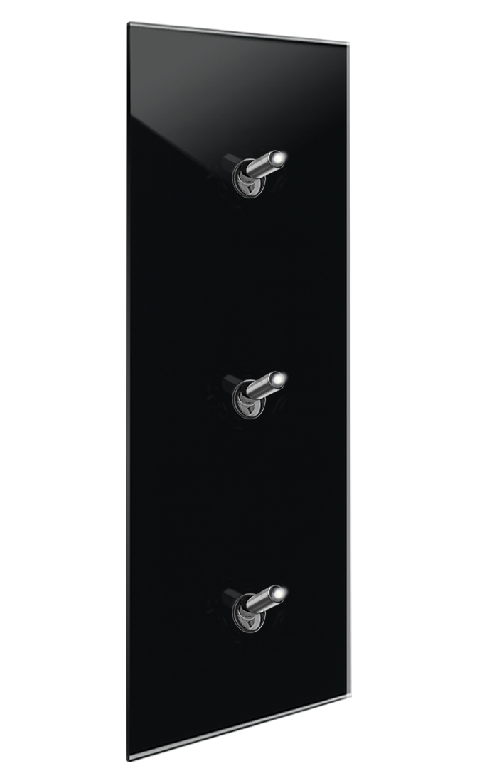 Interruttore design illuminato moderno effetto vetro nero  con 3 leve basculanti cromo. YORK