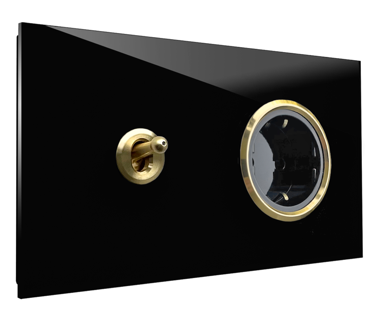 1 light switch with 1 horizontal socket Glass Effect Black-Gold CAMBRIDGE