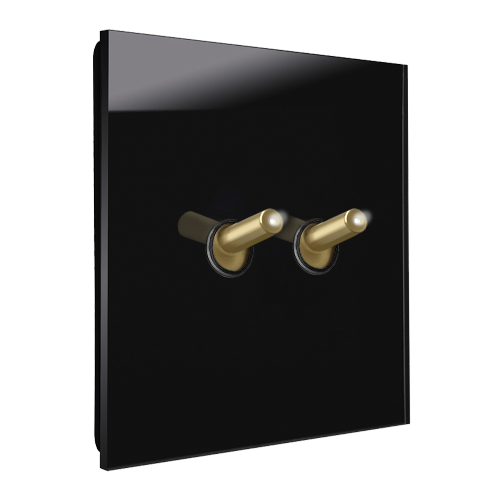 Interruttore design illuminato moderno effetto vetro nero  con 2 leve basculanti ottone. YORK
