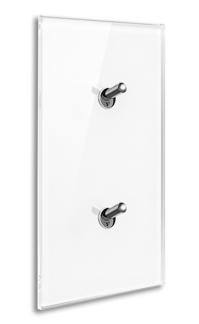 Modern illuminated design light switch in white glass optic vertical with 2 chrome toggle levers. YORK