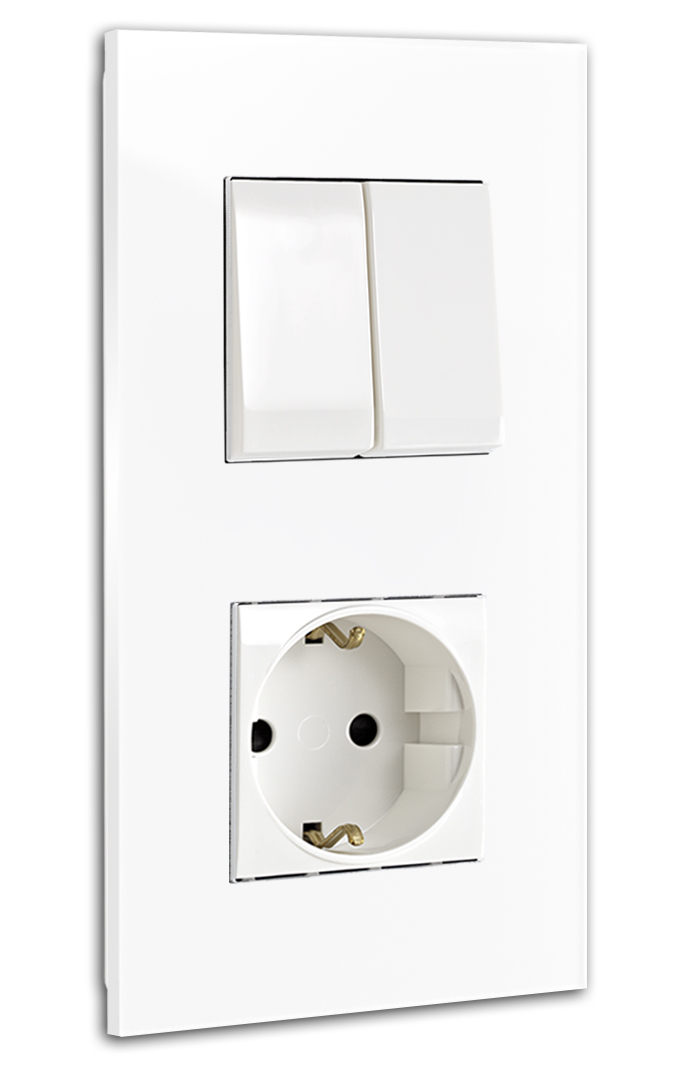Combination 2 switches + 1 socket outlet. Glass look, white. For 2 wall sockets. MAXIM