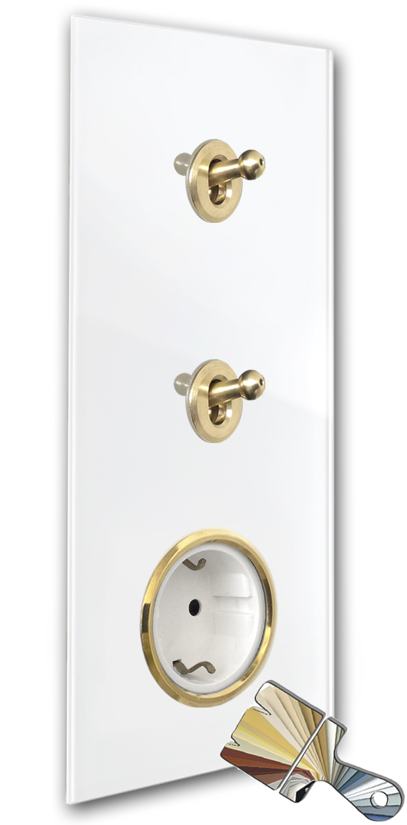 2 retro switches + 1 white socket. Farrow Ball. Gold.