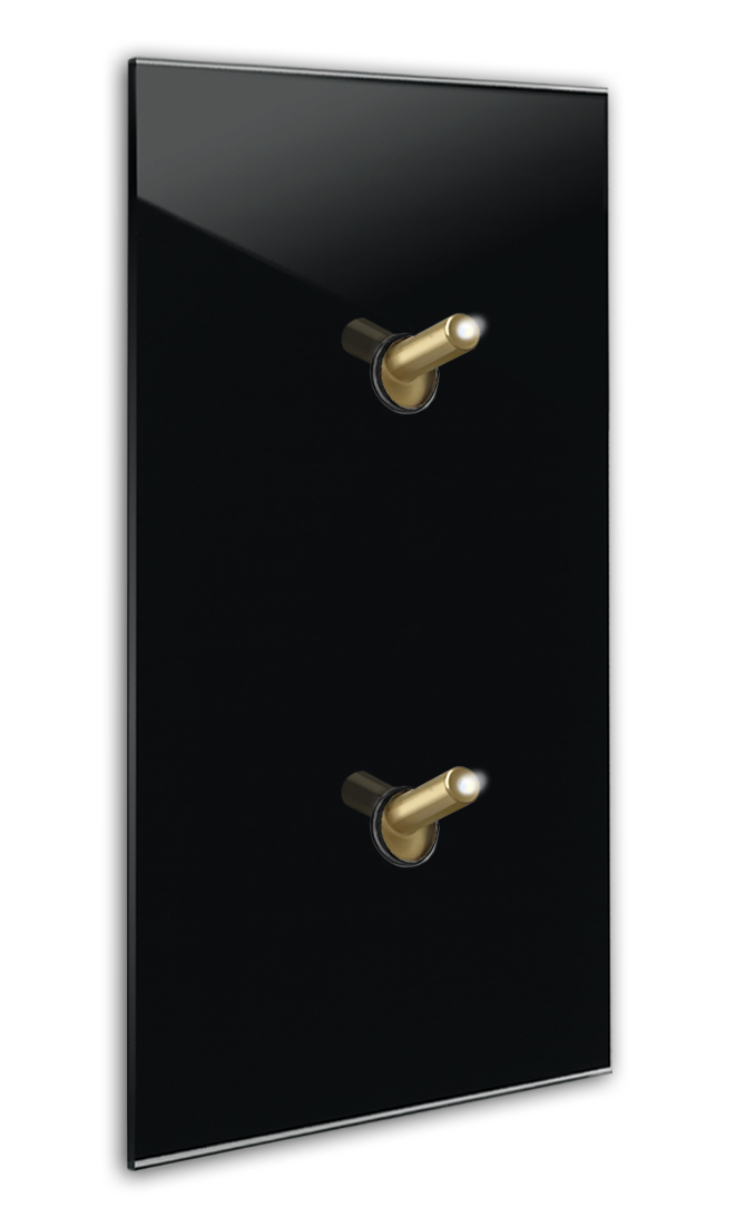 Interruttore design illuminato moderno effetto vetro nero  verticale con 2 leve basculanti ottone. YORK