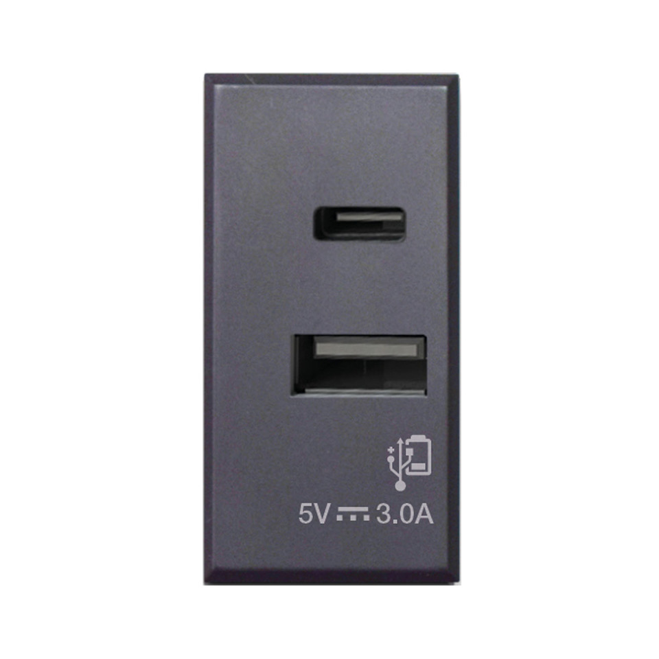 USB charger. USB-A and USB-C connection. Graphite black. Matt. 