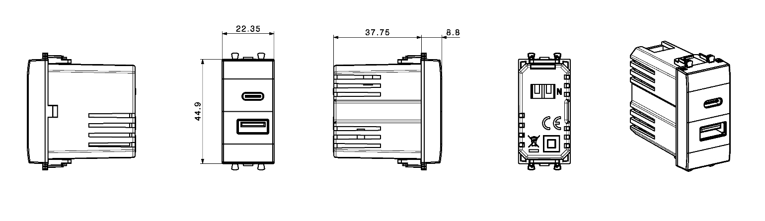USB-oplader. USB-A- og USB-C-tilslutning. Hvid blank.