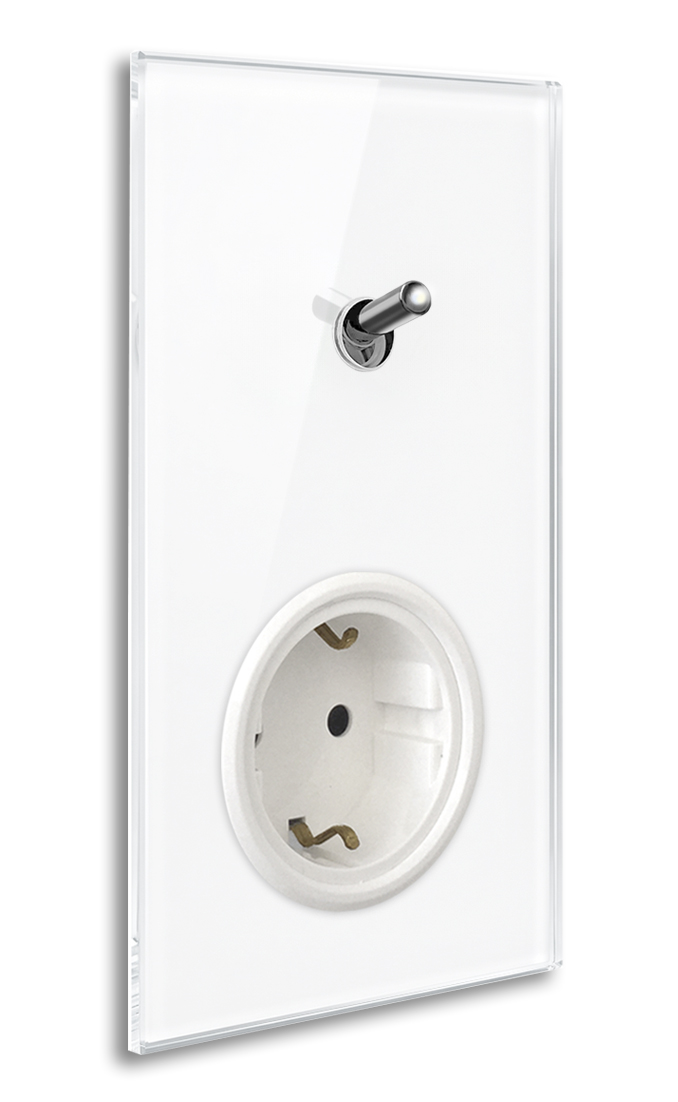Modern illuminated switch-socket combo with 1 chrome toggle lever in white glass optic. YORK