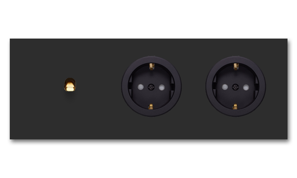 Toggle switch metal matte black gold 1 gang + 2 socket horizontal 2 way. Square Series