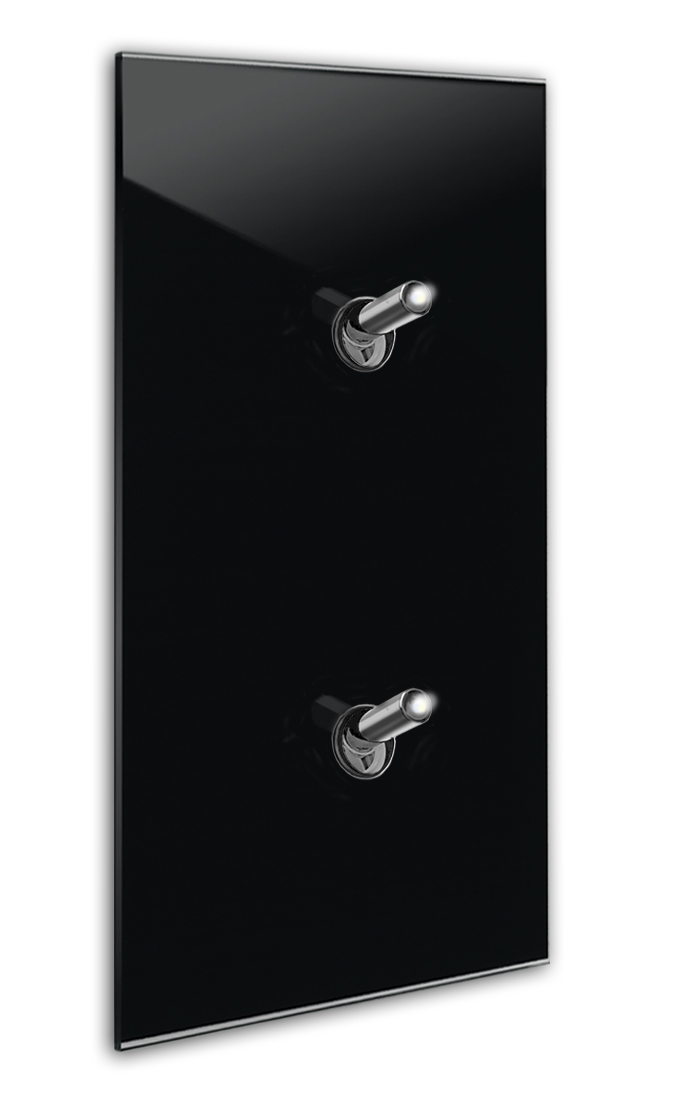 Interruttore design illuminato moderno effetto vetro nero  verticale con 2 leve basculanti cromo. YORK